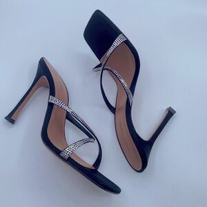 Amina Muaddi Black and Silver Heels